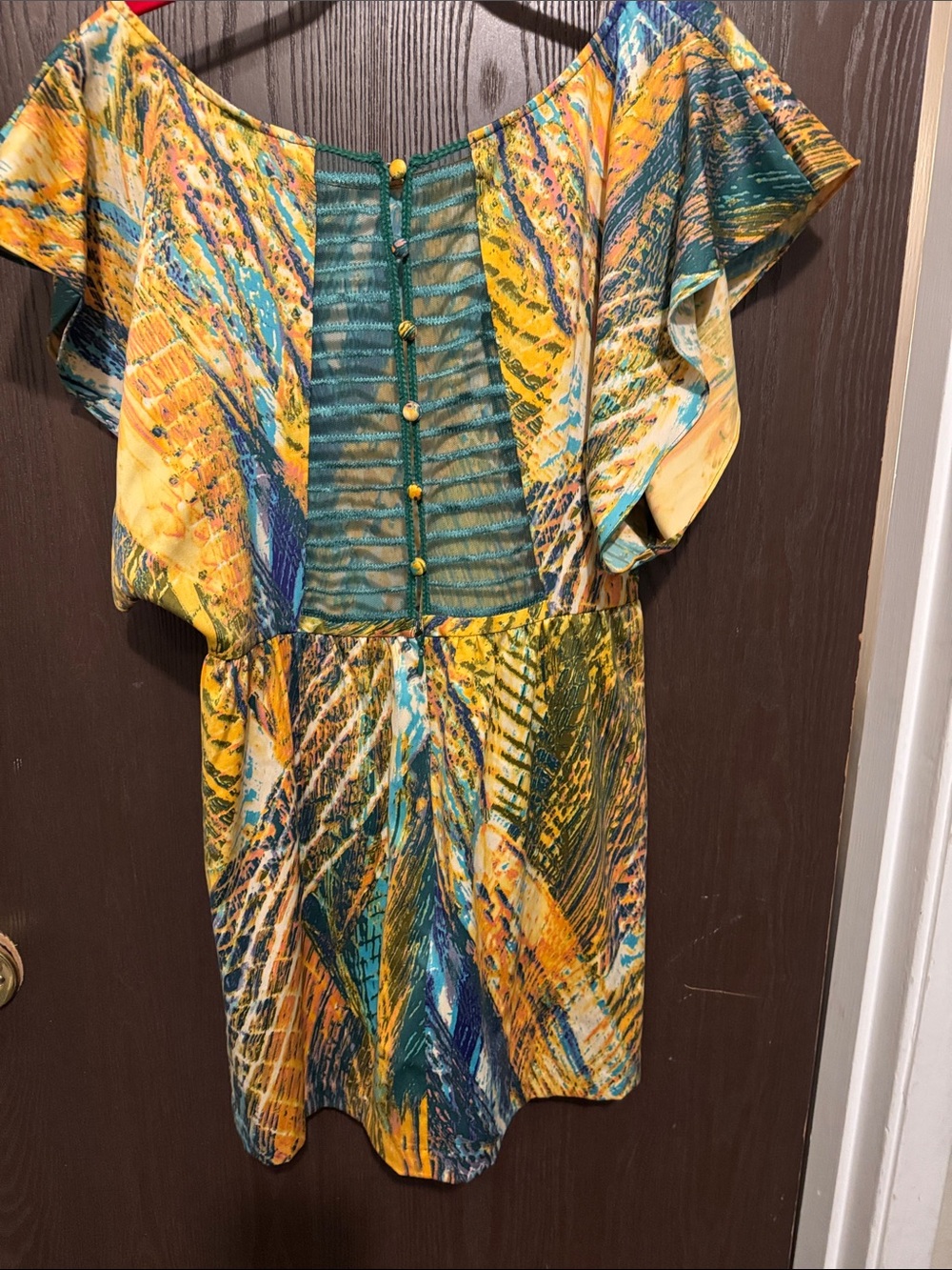 Y2K Satin Mesh Back Abstract Dress w/ Pockets Yellow Teal Green Free People Sz 4